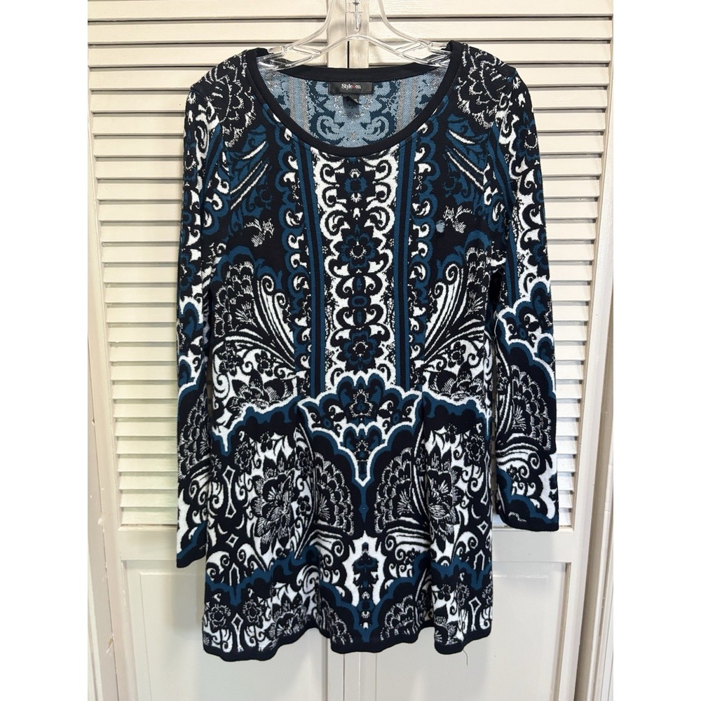 Style & Co Blk/Turq Knit Tunic Long Sweater Round Neck Long Sleeve Size L Soft‎